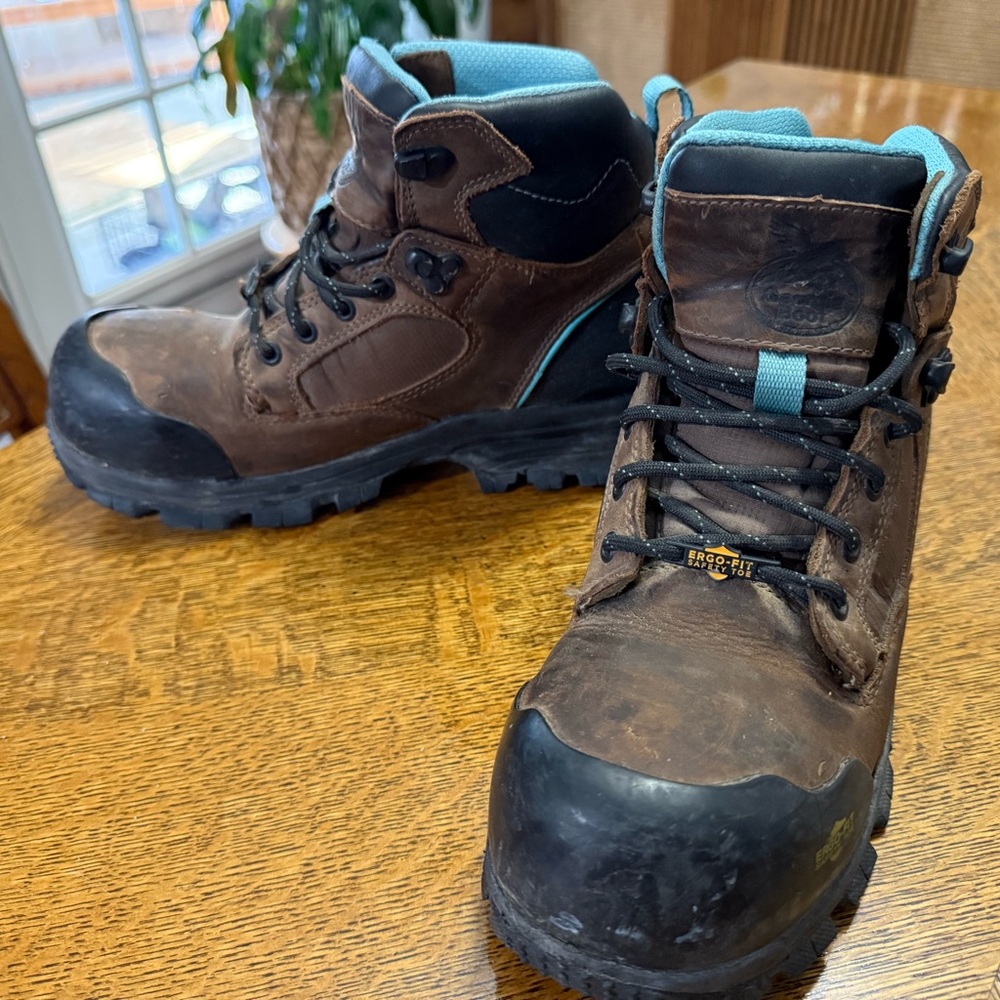Georgia Boot Brown Leather Work Boots with Teal Highlights